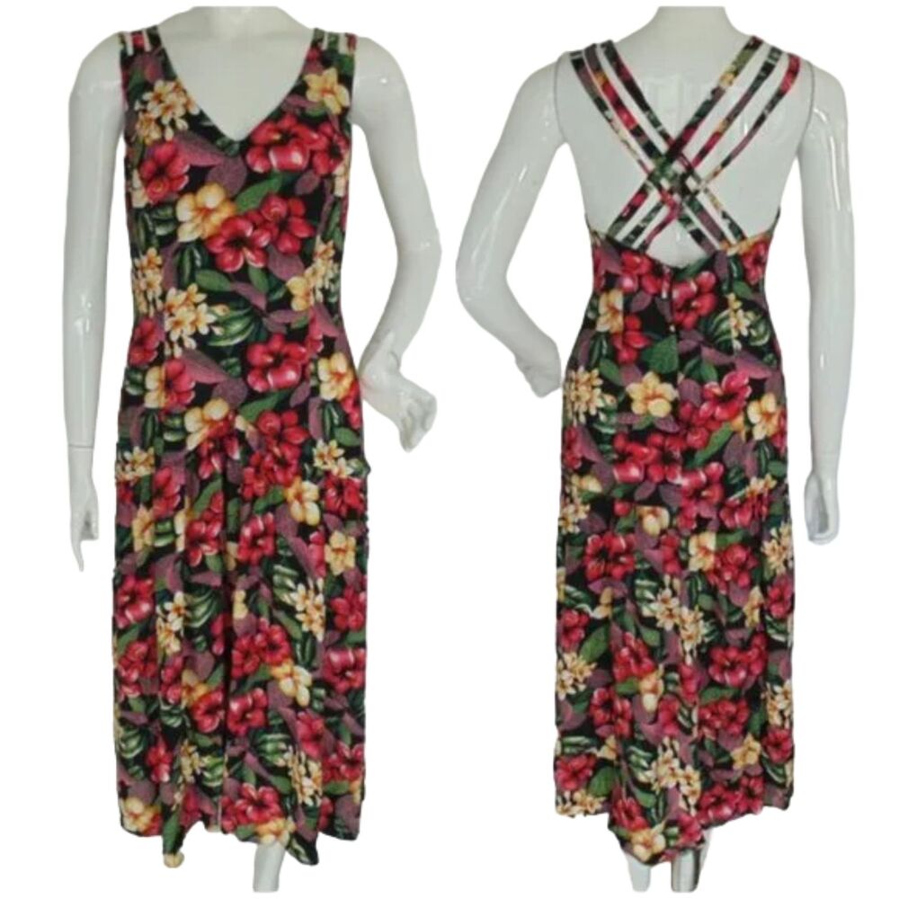 ASHLEY Dress, M, Floral, Spaghetti Strap, Midi, Crossed back, Fitted bodice